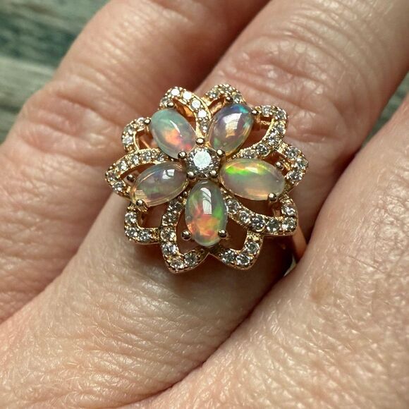 Australian Opal Rose Gold Plated Sterling Silver Flower Ring - Picture 2 of 8